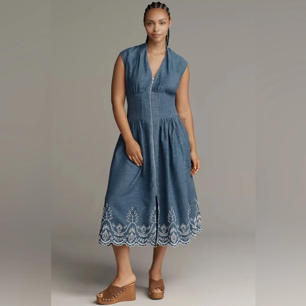 NWT! Anthropologie The Tommie Denim Eyelet Trim Dress - Size XS 5️⃣ - Picture 6 of 9